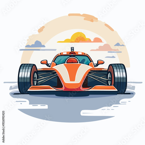 Dynamic illustration of a sleek orange race car speeding under a vibrant sunset sky, symbolizing speed and modern automotive design