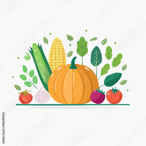 Vibrant flat design illustration showcasing a bountiful assortment of fresh, healthy vegetables and lush green leaves