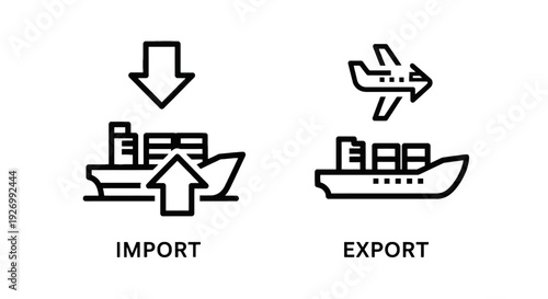 Global logistics with ship and airplane icons representing import and export services, international trade concept.