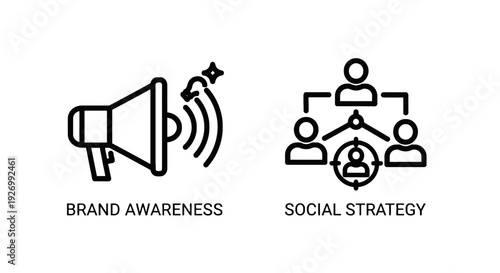 Brand awareness through megaphone and social strategy with connected people icons, marketing and communication concept.