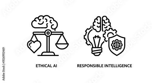 Ethical AI and responsible intelligence balance with heart, brain, and shield icons, futuristic technology ethics concept.