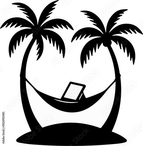 Hammock Between Two Palm Trees on Tropical Island Silhouette Vector in Solid Black on White Background