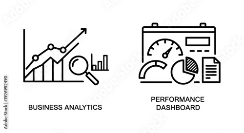 Business analytics dashboard with growth charts, magnifying glass, and performance meter for data analysis and insights.