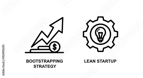 Bootstrapping strategy and lean startup concepts illustrated with line art icons showing financial growth and efficient operations.