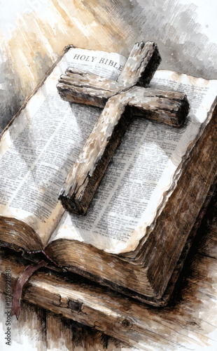 Wooden Cross on Open Bible – Christian Faith and Scripture Concept
