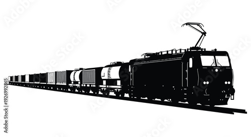 A striking black silhouette of a long freight train moving along the tracks showcasing industrial power silhouette high quality professional detailed