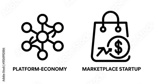 Platform economy and marketplace startup icons: a central hub connected to nodes for platform economy, and a shopping bag with growth graph and dollar sign for marketplace startup.