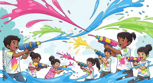 Children playing with colorful water guns on a sunny day splashing paint and having fun outdoors in a lively and joyful atmosphere with friends