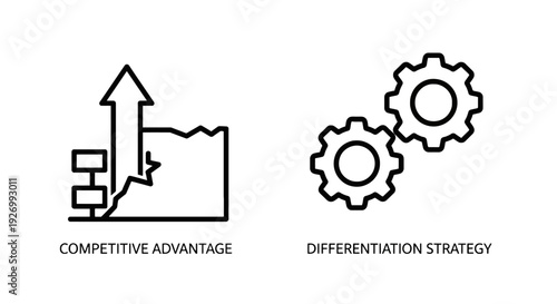 Business Strategy Icons: Competitive advantage with a rising arrow breaking barriers and differentiation strategy with interlocked gears.