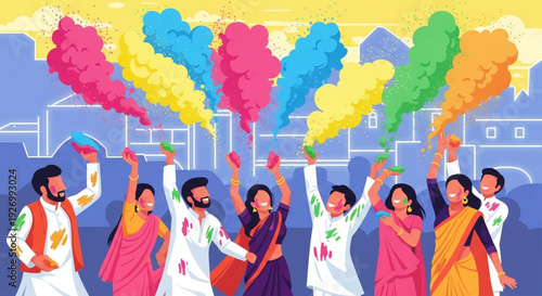 People celebrating holi festival with colorful smoke bombs in city background