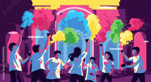 Diverse group of people celebrating with colorful smoke bombs at night vibrant city background