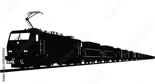 A striking black silhouette of a powerful electric locomotive traversing railway tracks showcasing industrial design silhouette high quality professional detailed modern