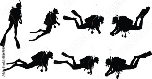 Scuba diver silhouettes collection showing underwater diving, swimming, and exploring poses with equipment, isolated on white background, marine adventure theme