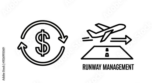 Combining Financial Circulation and Aviation Runway Management Concepts in Black and White Line Art Icons