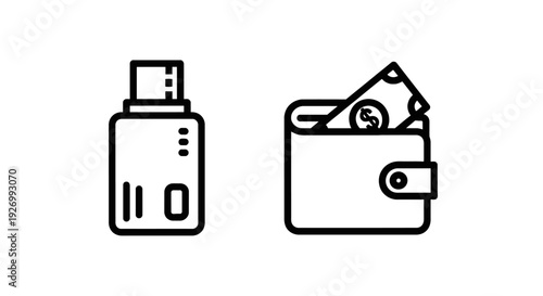 Digital Wallet and Storage Icons: A USB drive for secure storage and a wallet with cash for easy access.