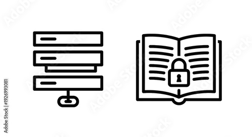 Digital Data Server Infrastructure and Secure Knowledge Protection Line Art Icons on White Background
