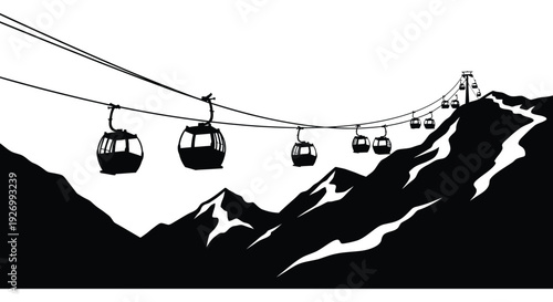 A stark black and white illustration depicts cable cars ascending mountainous terrain against a bright sky silhouette high quality professional detailed modern elegant