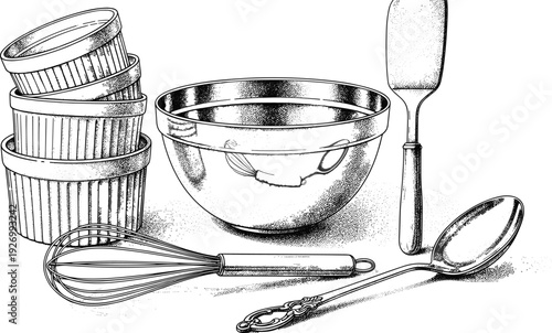 Professional Vintage Line Art Illustration Set Featuring Baking Essentials Including Ramekins Mixing Bowls Wire Whisks and Culinary Spoons Asset