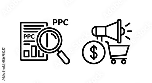 Pay-Per-Click (PPC) Advertising and E-commerce Marketing Line Icons for Online Campaigns