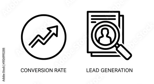 Sleek black and white line icons representing Conversion Rate and Lead Generation, crucial elements for sales, marketing, and business development.