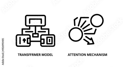 Black and white outline icons illustrating a Transformer Model architecture flow and an Attention Mechanism for neural networks, representing advanced AI concepts in deep learning.