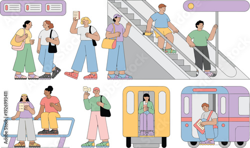 People commuting to work using public transportation and escalators daily
