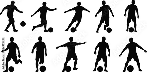 Soccer player silhouettes collection showing footballers dribbling, controlling, and posing with ball, isolated on white background, for sports design concept