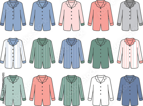 A collection of colorful pajama shirts in various patterns and hues