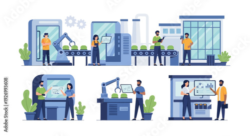 Smart Factory Automation and Industry 4.0: Engineers Managing Robotic Production Line with Digital Data Analysis and Innovation