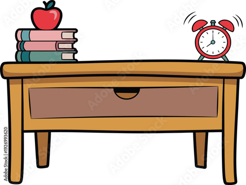 School desk vector illustration with stack of books, red apple, and ringing alarm clock on table