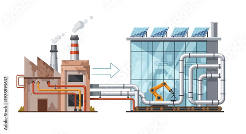 Industrial Evolution: From Old Polluting Factory to Modern Green Manufacturing, Automation & Solar Energy