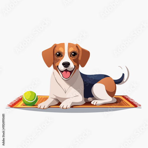 Happy Beagle Dog Lying Down with a Tennis Ball on a Rug