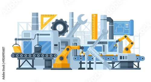 Industrial Automation and Manufacturing Process with Robotic Arms, Conveyor Belts, and Engineering Tools - Modern Factory Production Line Illustration