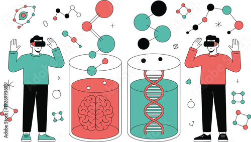 Virtual reality illustration of people interacting with brain and DNA molecules