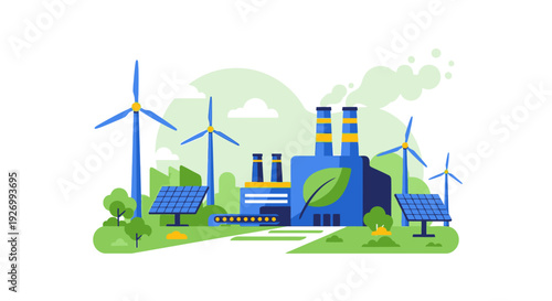 Eco-Friendly Factory Utilizing Renewable Energy: Wind Turbines and Solar Panels for Sustainable Power Generation