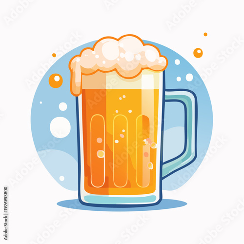 A vibrant and refreshing cartoon illustration of a frosty mug of beer with a thick foamy head