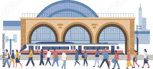 Modern train station vector illustration featuring high-speed locomotive, arched terminal architecture, and diverse commuters on platform