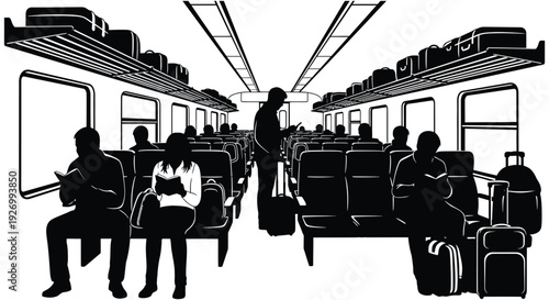 An interior view of a passenger train car filled with people captured in a striking black silhouette high quality professional detailed