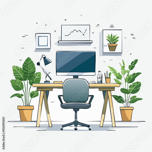 Vector illustration of a modern ergonomic workspace with computer and indoor plants for a home office