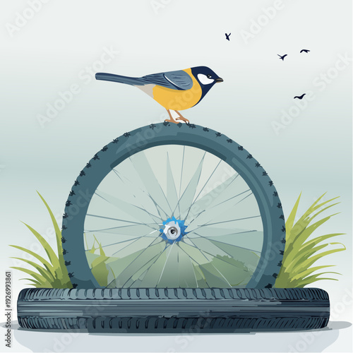 Nature's resilience illustrated by a small bird perched on a broken bicycle wheel