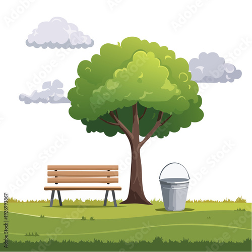 Serene park scene with a lush green tree, empty bench, and a bucket on a sunny day