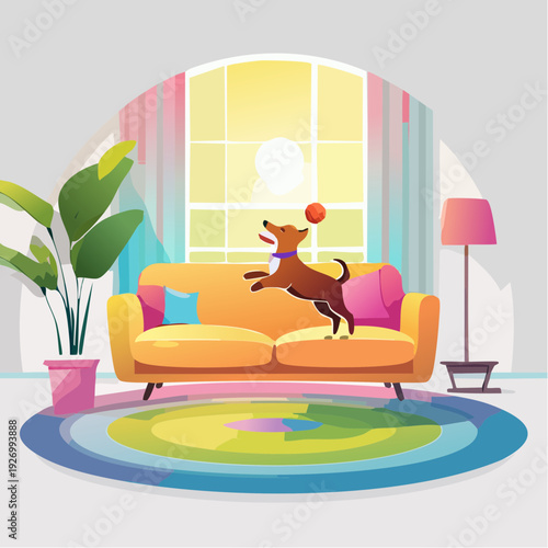 Cute dog playing with a ball on a couch in a cozy living room