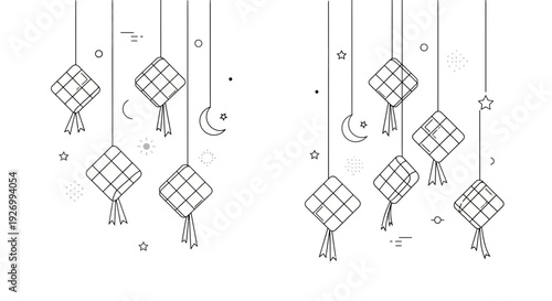 Beautiful kites flying high in the night sky with stars and moon