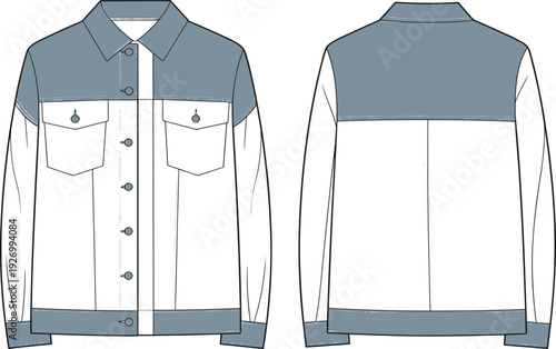 Casual denim jacket vector technical sketch, featuring front and back views, buttoned pockets, and collar details
