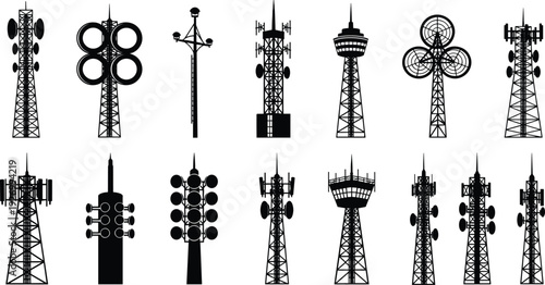 Telecommunication tower silhouettes collection with various antenna and signal mast designs isolated on white background vector illustration set
