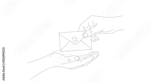 Hands exchanging envelope with crescent moon and star symbol