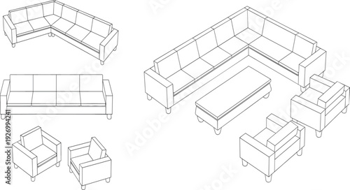 Isometric living room furniture vector set, featuring modern sofa, corner couch, armchair, and coffee table silhouettes
