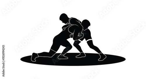 Two wrestlers intensely grapple during a match locked in a dynamic pose presented as a striking silhouette high quality professional detailed