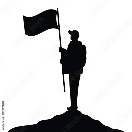 Silhouette of a man with flag. Silhouette of US soldier vector. Army vector, a soldier silhouette kneeling. A young man is doing a military salute. Vector illustration.