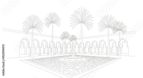Serene courtyard with palm trees and fountain in Islamic architecture